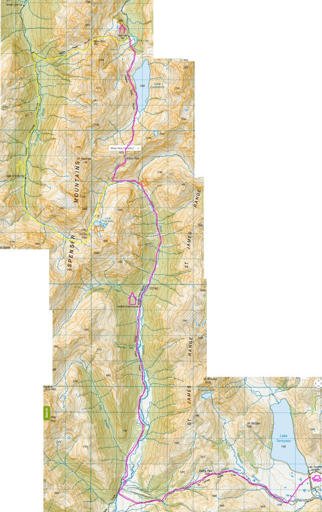 The map.  Pink is what we did, Yellow was our intended route (a loop), orange are good campsites we saw or heard about from other trampers